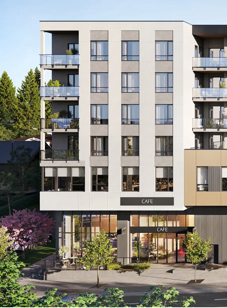 Exterior rendering of the Columbia + Strand building with street-level café